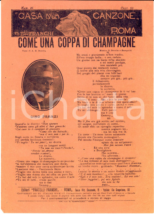 Oggetto da collezione cartaceo 1921 A. R. BORELLA Giuseppe RAMPOLDI Come una coppa di champagne *Spartito 1