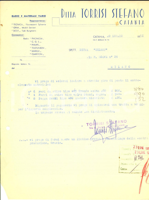 Documento originale, autentico 1951 CATANIA Ditta Stefano TORRISI Radio e materiale vario *Fattura intestata 1