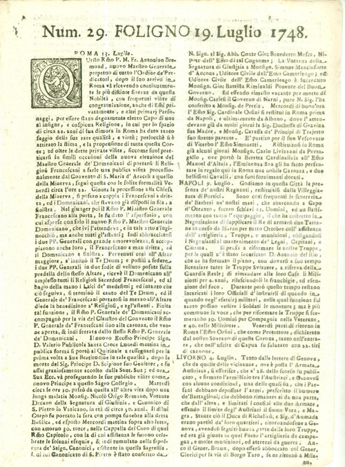 Giornale, rivista storica 1748 GIORNALE DI FOLIGNO n. 29 Padre Antonin BREMOND in visita a ROMA 1