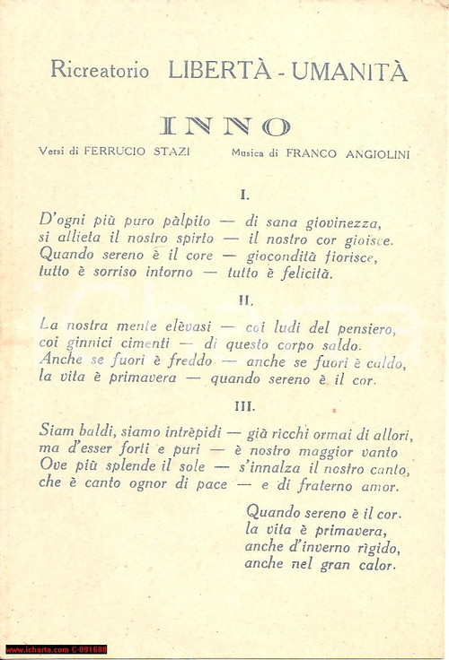 Oggetto da collezione cartaceo 1920 circa Ferruccio STAZI Inno ricreatorio LIBERTA 1