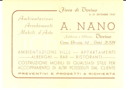 Materiale pubblicitario d’epoca 1947 FIERA DI TORINO Ditta A. NANO Mobili d arte Biglietto PUBBLICITARIO 1