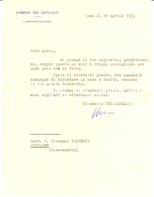 Autografo originale 1954 ROMA Lettera on. Domenico CHIARAMELLO Autografo 1