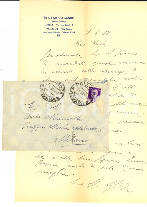 Manoscritto, lettera originale 1938 VERBANIA PALLANZA Chirurgo Franco SANDRI a Dario MACULOTTI 1