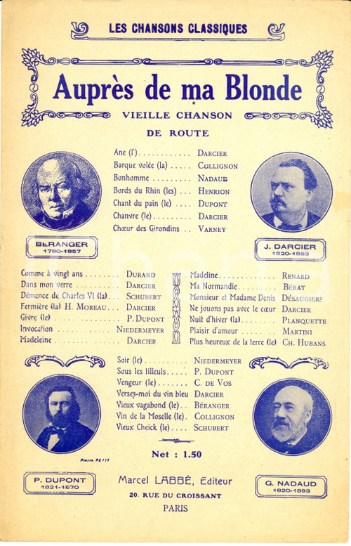 Oggetto da collezione cartaceo 1910 ca Aupres de ma blonde con quattro ritratti Spartito ILLUSTRATO 1