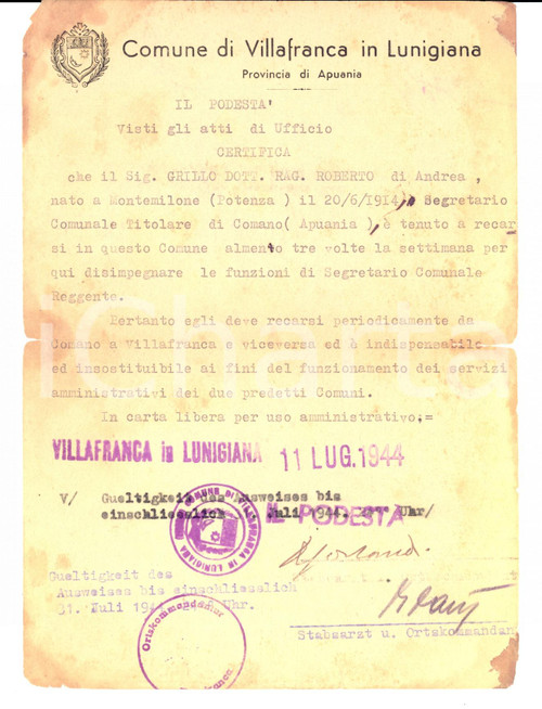 Documento originale, autentico 1944 WW2 RSI VILLAFRANCA IN LUNIGIANA Lasciapassare segretario Roberto GRILLO 1