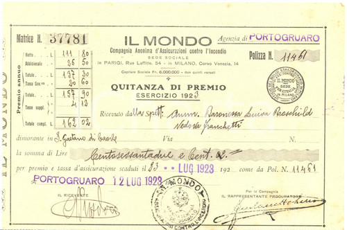Documento originale, autentico 1923 PORTOGRUARO VE Compagnia IL MONDO Premio per assicurazioni incendio 1