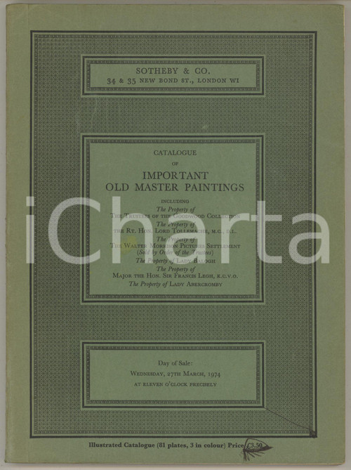 1974 LONDON SOTHEBY'S Catalogue of important old master paintings ^ILLUSTRATED Catalogo originale dell'asta del 27 marzo 1974, illustrato.PAGINE: 116 POOR/danneggiato buone condizioni interne, ma piegature in copertina, con piccolo strappo al dorso; scritte in copertina, alle penultime pagine e sporadiche all'interno Formato: 18x24 cm originale e autentica 1
