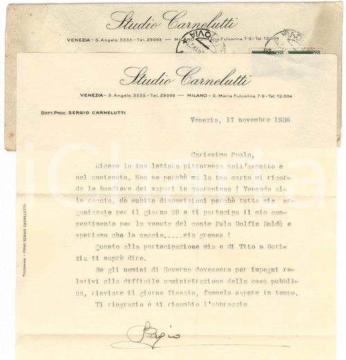 1936 VENEZIA Lettera Sergio CARNELUTTI in preparazione alla caccia - Autografo