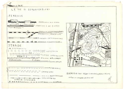 1941 MILANO Ist. Magistrale Virgilio - Strade nelle carte topografiche - Tavola Interessante lavoro scolastico in forma di tavola, realizzata a china da un alunno di 1^ media, sulla rappresentazione grafica delle vie di comunicazione nelle carte topografiche italiane. POOR/danneggiato mancanze al lato superiore Formato: 34x25 cm originale e autentica 1