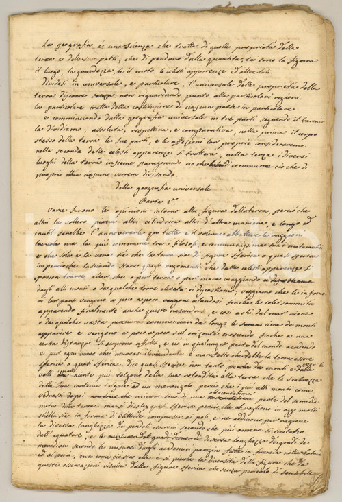1800 ca ANONIMO Della geografia universale - Manoscritto INCOMPLETO 38 pp. Interessante manoscritto contenente la parte iniziale di un trattato di geografia. Si tratta, con ogni probabilità, della copiatura e rielaborazione di un trattato già esistente, a uso di studio personale.PAGINE: 38  GOOD/buono gualciture Formato: 18x27 cm originale e autentica 1