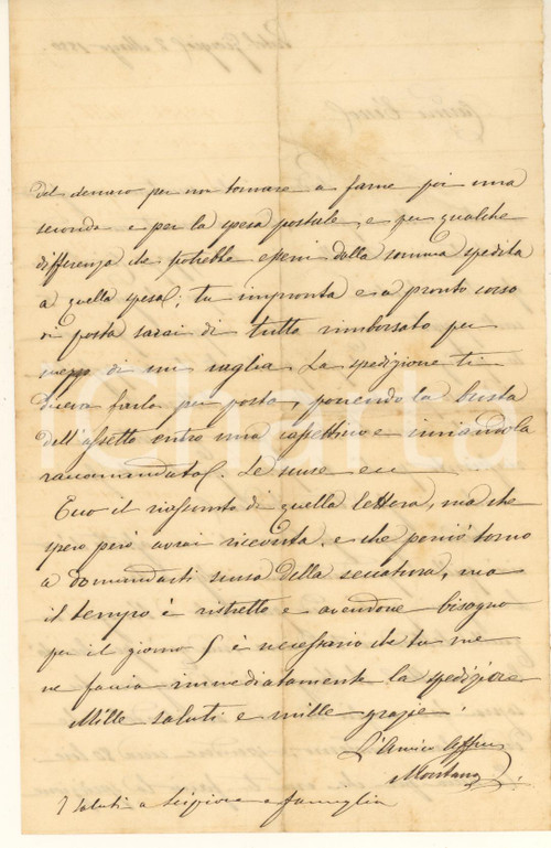 1880 PORTO SAN GIORGIO Lettera Montano OLIVIERI per dono parure *AUTOGRAFO Lettera interamente autografa di Montano Olivieri (figlio di Francesco Olivieri, l'inventore dell'anisetta), relativa all'acquisto di una parure in oro a Venezia.PAGINE: 1 (2 facciate) FAIR/discreto piegature d'epoca Formato: 13x21 cm originale e autentica 1