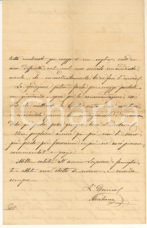 1880 PORTO SAN GIORGIO Lettera Montano OLIVIERI per parure d'oro *AUTOGRAFO Lettera interamente autografa di Montano Olivieri (figlio di Francesco Olivieri, l'inventore dell'anisetta), relativa all'acquisto di una parure in oro a Venezia.PAGINE: 1 (2 facciate) FAIR/discreto piegature d'epoca Formato: 13x21 cm originale e autentica 1