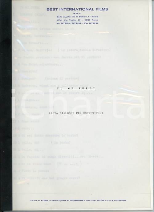 1983 CINEMA - TU MI TURBI di Roberto BENIGNI Lista dialoghi per sottotitoli Documento originale dattiloscritto con la lista dei dialoghi per sottotitoli del film "Tu mi turbi" di Roberto Benigni, realizzati dalla Best International Films di RomaPAGINE: 36 GOOD/buono  Formato: 21x29 cm originale e autentica 1