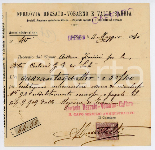 1910 BRESCIA Ferrovia Rezzato - Vobarno e Valle Sabbia - Ricevuta rimborso Ricevuta d'epoca con bollo. FAIR/discreto Piegature centrali d'epoca, bruniture Formato: 15x15 cm originale e autentica 1