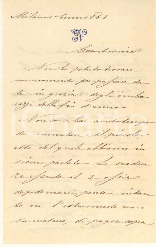 1863 MILANO Lettera Gennaro VISCONTINI per la minuta di un atto *Autografo Lettera autografa di Gennaro Viscontini, su carta intestata con monogramma.PAGINE: 1 (2 facciate) FAIR/discreto piegature d'epoca Formato: 10x15 cm originale e autentica 1