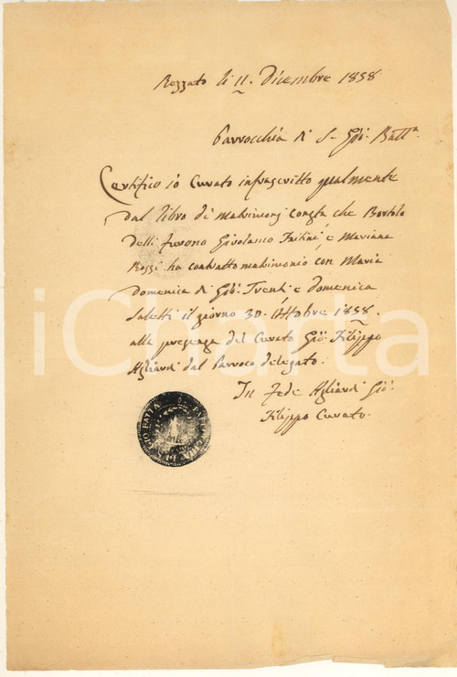 1858 REZZATO (BS) Certificato nozze Bortolo FRATINI Marianna ROSSI Certificato manoscritto, originale d'epoca, rilasciato dal curato, don Giovanni Filippo Agliardi.Timbro della parrocchia.PAGINE: 1 FAIR/discreto piegature d'epoca Formato: 21x30 cm originale e autentica 1