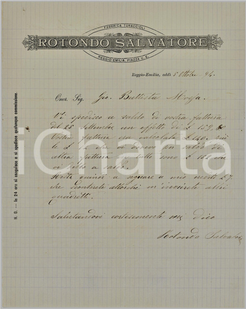 1894 REGGIO EMILIA Salvatore ROTONDO Fabbrica turaccioli - Lettera commerciale 2 Lettera commerciale d'epoca, manoscritta, su carta intestata.CONDIZIONI: FAIR (piegature d'epoca)PAGINE: 1    originale e autentica 1