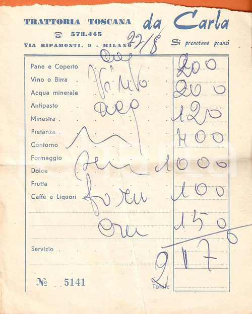 Materiale pubblicitario d’epoca 1965 circa MILANO Trattoria toscana da Carla *Ricevuta 1