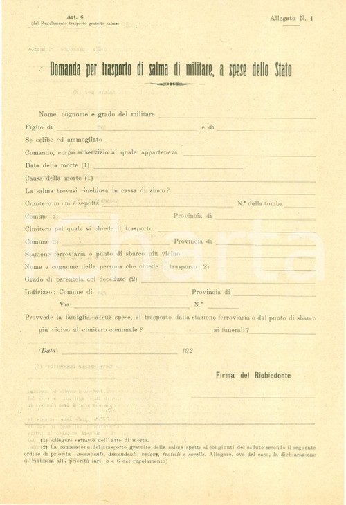 1920 ca CADUTI IN GUERRA Domanda trasporto salma militare *Non compilata 8 PAGINE: 1 (2 facciate)DIMENSIONI: cm 18 x 27  CONDIZIONI: GOOD    originale e autentica 1