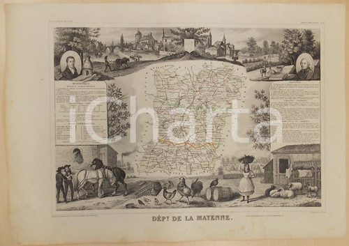Stampa, bozzetto originale 1861 PARIS Atlas National de la France illustré - Département MAYENNE n. 52 6 1