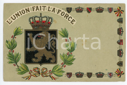 1927 BELGIUM Coat of arms - L'union fait la force - Embossed postcard FP  Cartolina postale d'epoca, non viaggiata. FAIR/discreto Lievi smussature agli angoli e piegatura all'angolo superiore destro Formato: FP originale e autentica 1