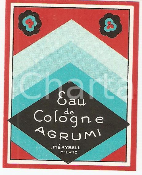 1950 ca MILANO Profumi MERYBELL Eau de cologne Agrumi *Etichetta ILLUSTRATA 3 DATA: 1950 circa LUOGO: MILANOTITOLO: PROFUMI MERYBELLEAU DE COLOGNE - AGRUMIDESCRIZIONE: Etichetta illustrata d'epoca.FORMATO: 5 x 7 cmCONDIZIONI: buone  Etichetta d'epoca, originale, autentica.     originale e autentica 1