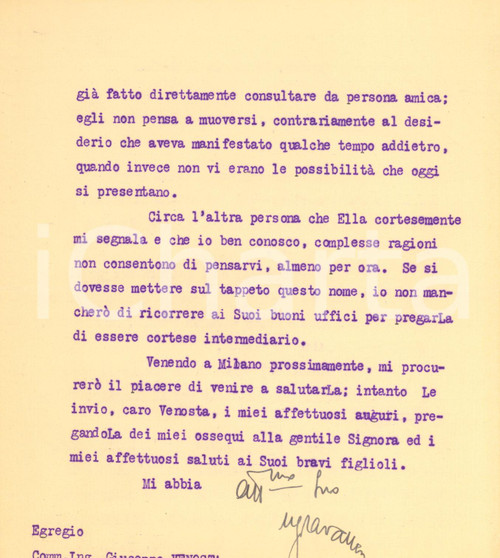 1931 GENOVA ANSALDO Lettera Ugo CAVALLERO su assunzione personale *AUTOGRAFO Lettera dattiloscritta, con firma autografa del noto generale e politico.Su carta intestata "Ansaldo Società Anonima - Il Presidente".PAGINE: 4 facciate (2 scritte)  GOOD/buono piegature d'epoca Formato: 18x22 cm originale e autentica 1