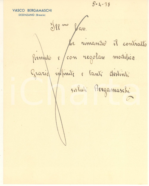 1938 CICLISMO DESENZANO Lettera Vasco BERGAMASCHI per contratto *AUTOGRAFO Lettera autografa del ciclista, su carta intestata. PAGINE: 4 facciate (1 scritta) FAIR/discreto piegature d'epoca FORMATO: 18x22 cm originale e autentica 1