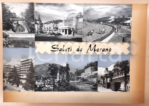 1960 ca MERANO Vedutine con ippodromo - Bozzetto preparatorio cartolina Bozzetto preparatorio per cartolina postale.Collage su cartoncino flessibile.  FAIR/discreto Lievi bruniture FORMATO: 45x31 cm originale e autentica 1