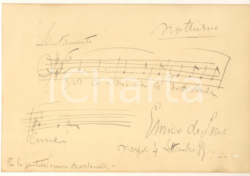 1895 NAPOLI Enrico DE LEVA compositore - Inizio di notturno AUTOGRAFO Pagina originale d'epoca, interamente autografa del compositore e pianista napoletano Enrico De Leva, contenente l'inizio di un notturno, con data, firma e dedica.  POOR/danneggiato piccolo strappo all'angolo inferiore destro FORMATO: 26x18 cm originale e autentica 1