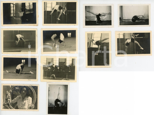 1944 ITALIA GINNASTICA ARTISTICA Atlete si allenano con trave LOTTO DI 12 FOTO Lotto composto da 12 fotografie d'epoca. CONDIZIONI:POOR/danneggiato Profonda piegatura al margine sinistro della fotografia con il gruppo di atlete, residui di incollatura al verso di alcune delle fotoFORMATO: 9x6 cm / 5x8 cm originale e autentica 1