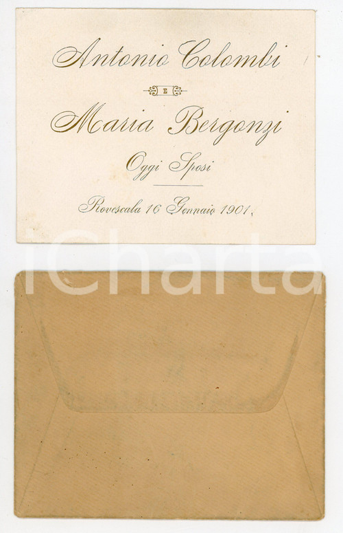 1901 ROVESCALA Invito al matrimonio di Antonio COLOMBI e Maria BERGONZI 13x10 cm Invito d'epoca con busta.  CONDIZIONI:FAIR/discreto Lievi bruniture, strappi alla bustaFORMATO: 13x10 cm originale e autentica 1