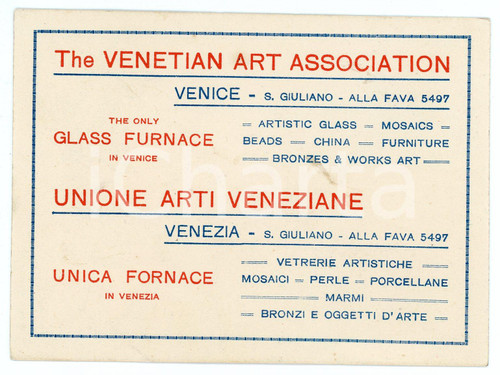 1935 ca VENEZIA Unione Arti Veneziane - Fornace per vetrai - Biglietto con mappa Biglietto da visita d'epoca, con indicazioni stradali al verso.  CONDIZIONI:FAIR/discreto Lievi smussature agli angoli, macchia al recto e al versoFORMATO: 12x9 cm originale e autentica 1