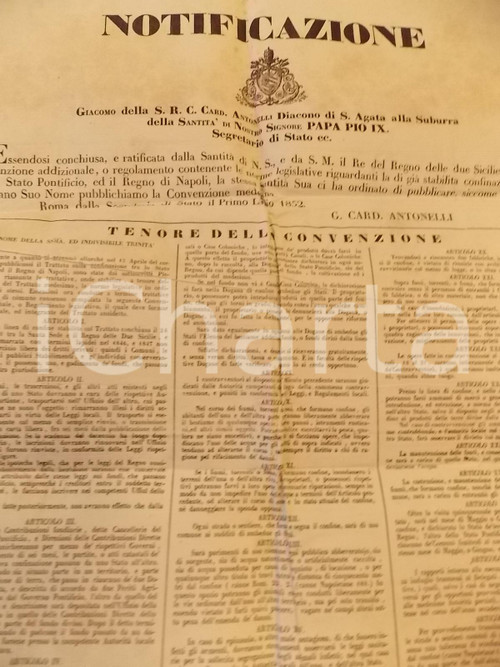 Documento originale, autentico 1852 ROMA Trattato su confini STATO PONTIFICIO e REGNO DI NAPOLI Manifesto 1