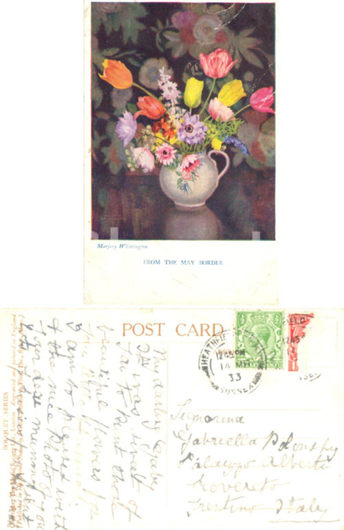 1933 From the May Border *Cartolina a Gaby POLONSKY da Hannah Saunders DATA: 1933 TITOLO: FROM THE MAY BORDERCARTOLINA A GABY POLONSKY DALLA PARENTE HANNAH DESCRIZIONE: Cartolina postale inviata a Gaby Polonsky dalla parente Hannah Saunders (i Polonsky erano imparentati con lo scrittore Thomas Bailey Saunders). CONDIZIONI: mediocri (piegature angolari e francobollo asportato) FORMATO: FP Cartolina postale d'epoca, originale, autentica, FP, VG.    originale e autentica 1