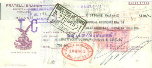 1942 MILANO Fratelli BRANCA distillerie *Cambiale pubblicitaria (2) DATA: 30 aprile 1942  LUOGO: MILANO  TITOLO: DISTILLERIE FRATELLI BRANCA SOCIETA' ANONIMACAMBIALE PUBLICITARIA  DESCRIZIONE: Cambiale pubblicitaria d'epoca, con timbri bancari e marche da bollo per quietanza al verso.EDITORE: Alessandri M. - Torino  FORMATO: cm 21 x 10  CONDIZIONI: buone (ma piegature verticali d'epoca; margini rifilati).  Documento d'epoca, originale, autentico.   originale e autentica 1