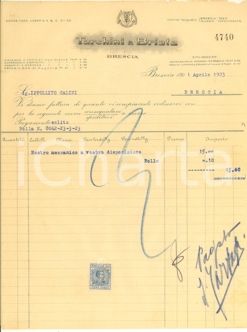 1923 BRESCIA Ditta TARCHINI & BRIATA automobili - Fattura intestata (3) Fattura originale d'epoca, su carta intestata.PAGINE: 1 CONDIZIONI:FAIR/discreto piegature d'epoca; piccolo foro all'angolo superiore sinistro; piccole mancanze marginaliFORMATO: 22x29 cm originale e autentica 1