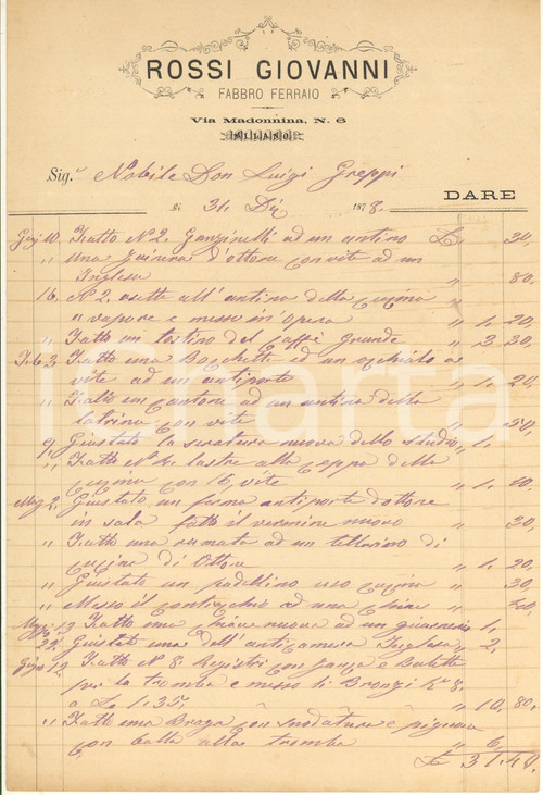 Documento originale, autentico 1878 MILANO Via Madonnina 6 - Giovanni ROSSI fabbro ferraio *Fattura 1
