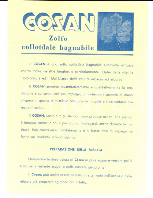 Materiale pubblicitario d’epoca 1959 ROMA Ditta SIAPA Zolfo colloidale bagnabile COSAN *Volantino pubblicitario 1