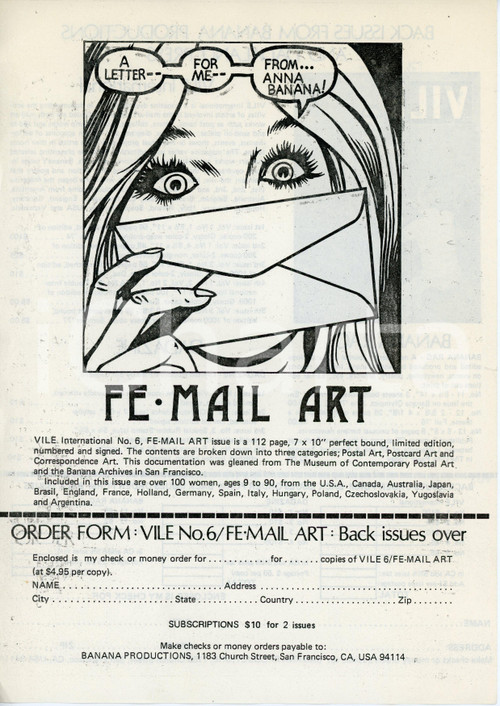 Documento originale, autentico 1978 FEMAIL ART / VILE No. 6 Anna BANANA Bill GAGLIONE Volantino pubblicitario 1
