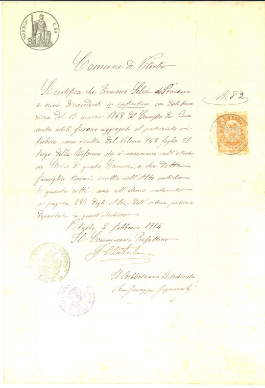 1914 VITERBO Famiglia SELVI - Certificato appartenenza al patriziato locale