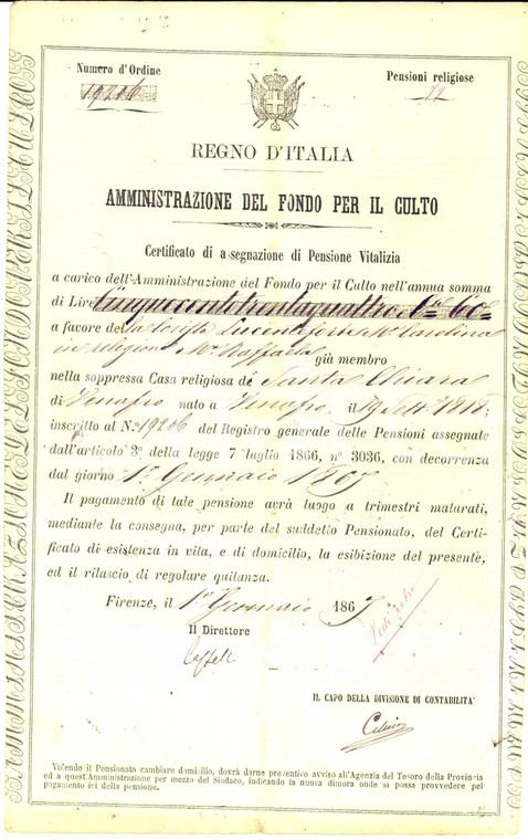 1867 FIRENZE Assegnazione pensione a Maria Carolina LUCENTEFORTE di VENAFRO