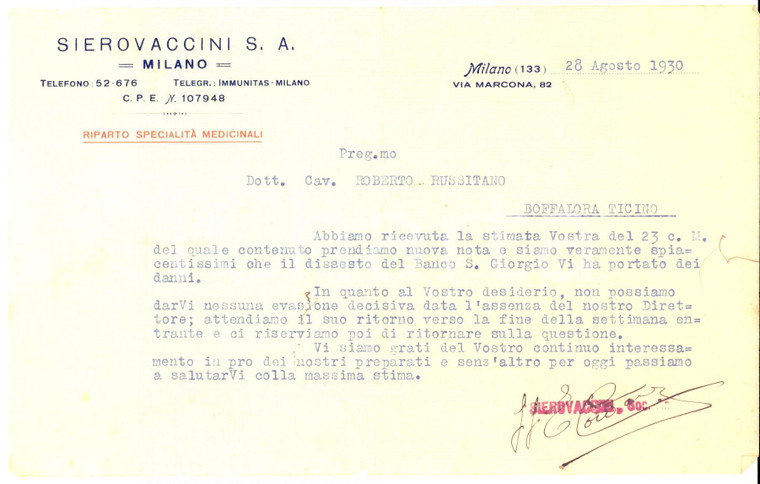 1930 MILANO SIEROVACCINI S.A. Medicinali - Lettera commerciale per preparati