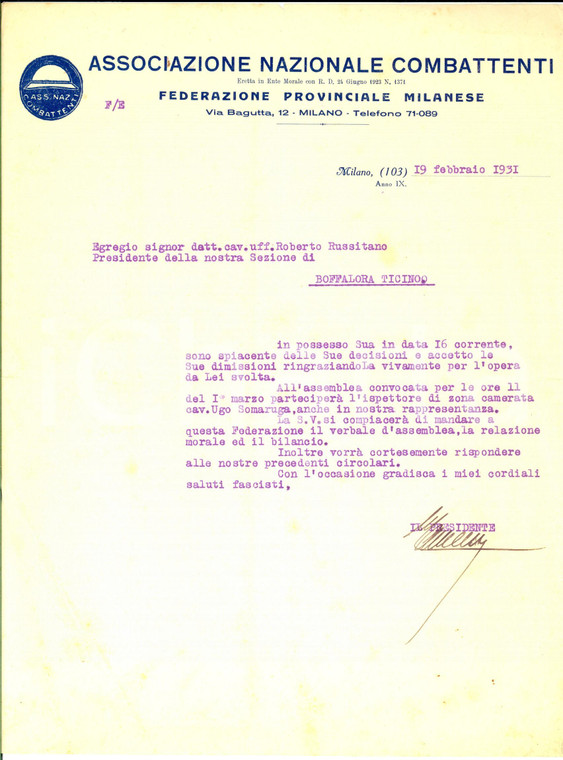 1931 MILANO Associazione Nazionale Combattenti - Lettera accettazione dimissioni