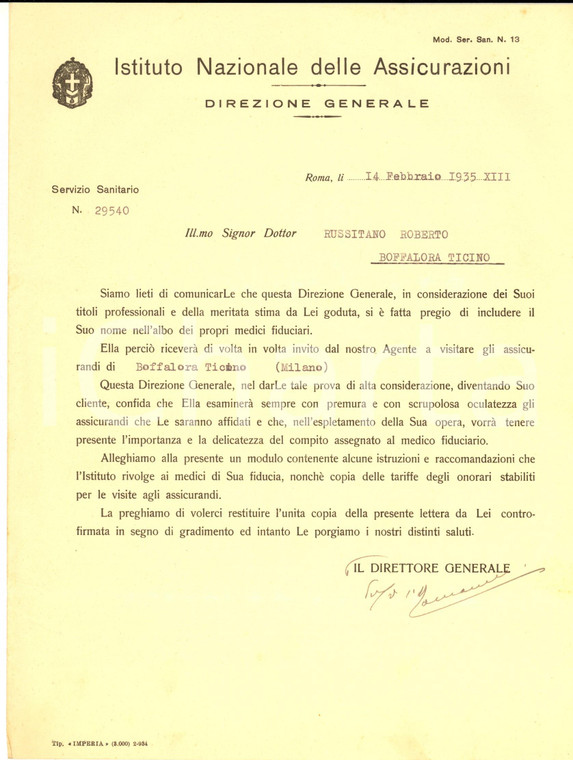 1935 ROMA Istituto Nazionale Assicurazioni - Lettera per albo medici fiduciari