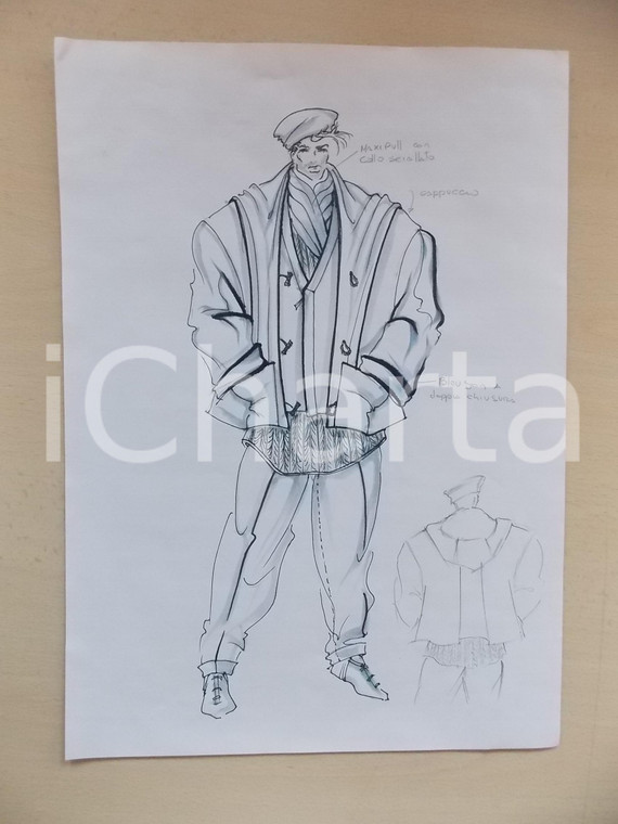 1980 ca MODA UOMO INVERNO Completo maxipull e giacca con cappuccio  - Bozzetto
