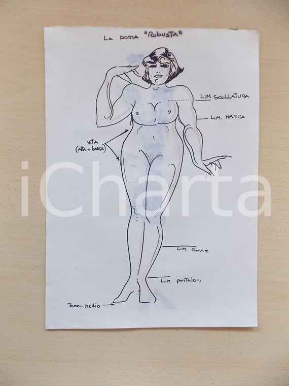 1980 ca MODA DONNA Figurino donna robusta per taglio abiti - Bozzetto 25x35 cm