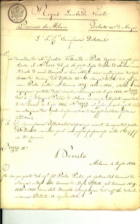 1829-1838 MONZA Lite per casa venduta da Ferdinando OGGIONI a RIBOLDI *Fascicolo