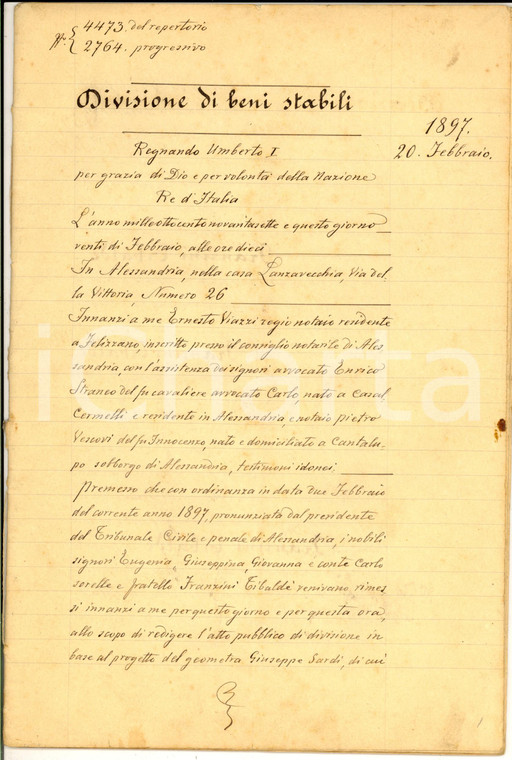1897 ALESSANDRIA Divisione beni stabili dei conti FRANZINI TIBALDE' Manoscritto