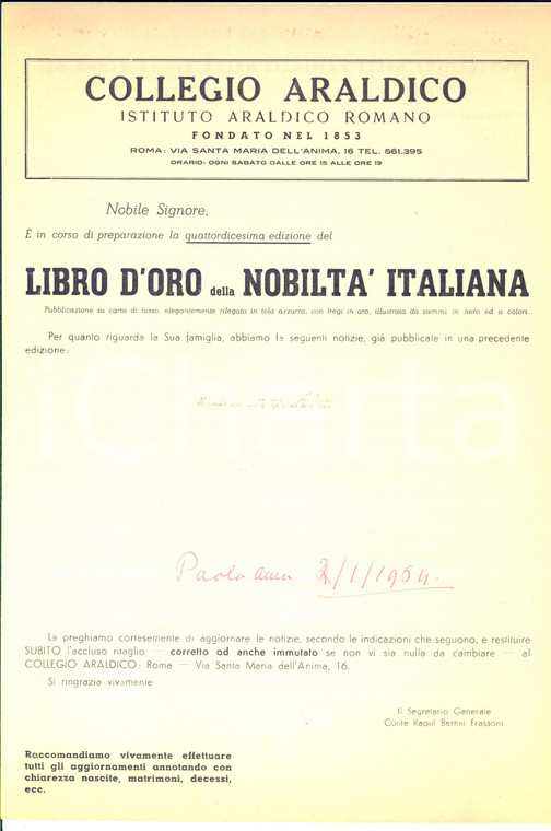 1965 COLLEGIO ARALDICO Libro d'Oro della Nobiltà Italiana - Pieghevole